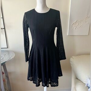 H&M Black Lace Long Sleeve Mini Flare Skater Dress with Exposed Zip Size 8